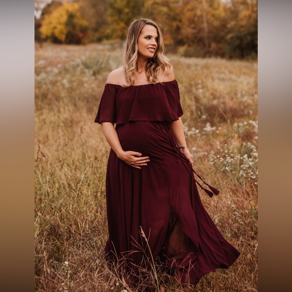 Off-Shoulder Maternity Maxi Dress in Burgundy